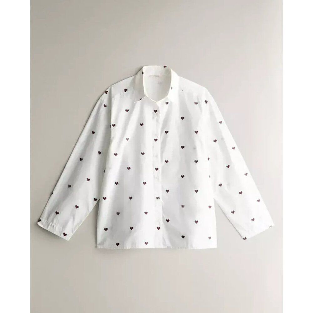 Zara White Button-Down Shirt with Small Hearts Embroidered